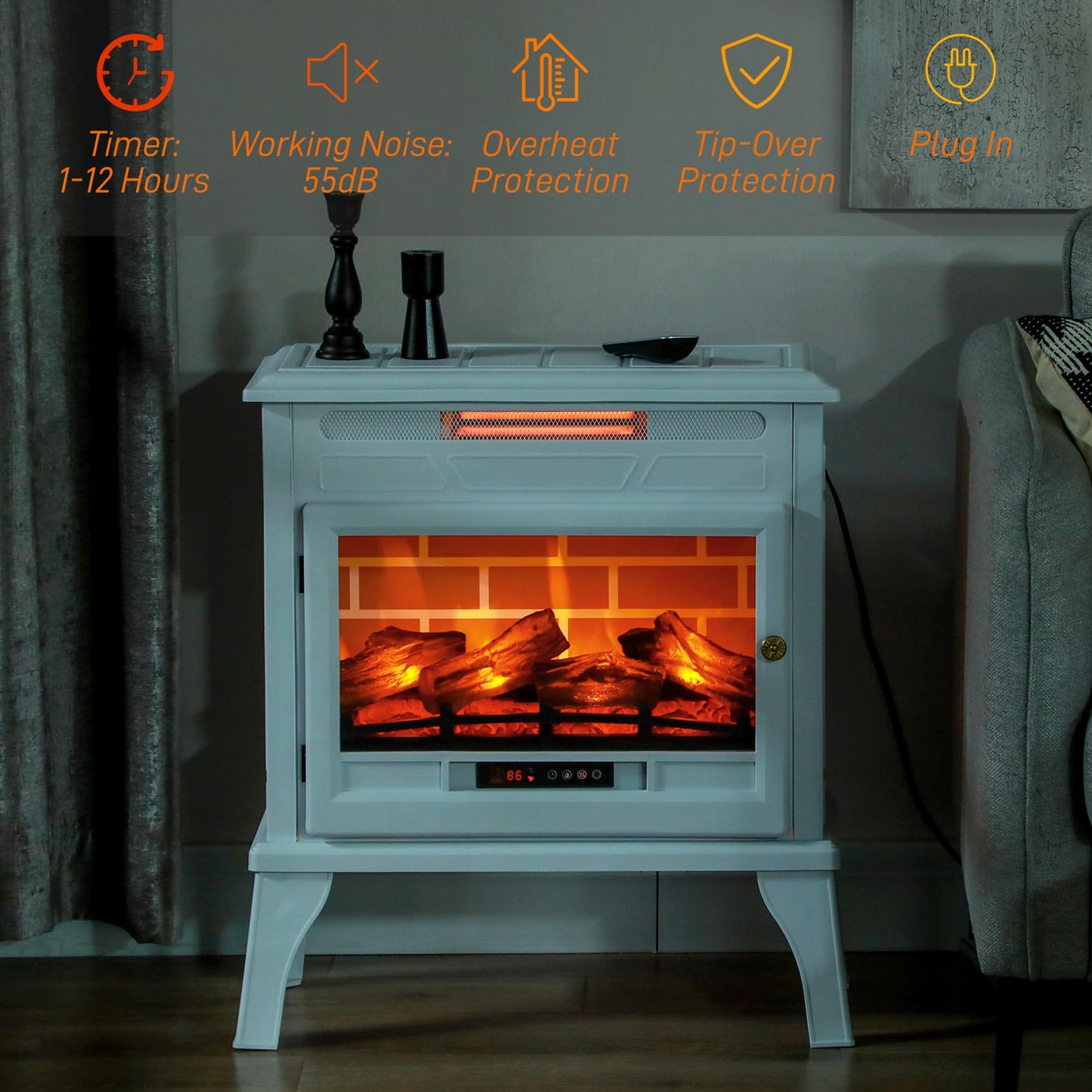 HOMCOM Electric Fireplace Stove, 24" Freestanding Electric Fireplace Infrared Heater with Remote, Adjustable 3D Flame Effect, Thermostat, Overheat Protection, 1000W/1500W, White