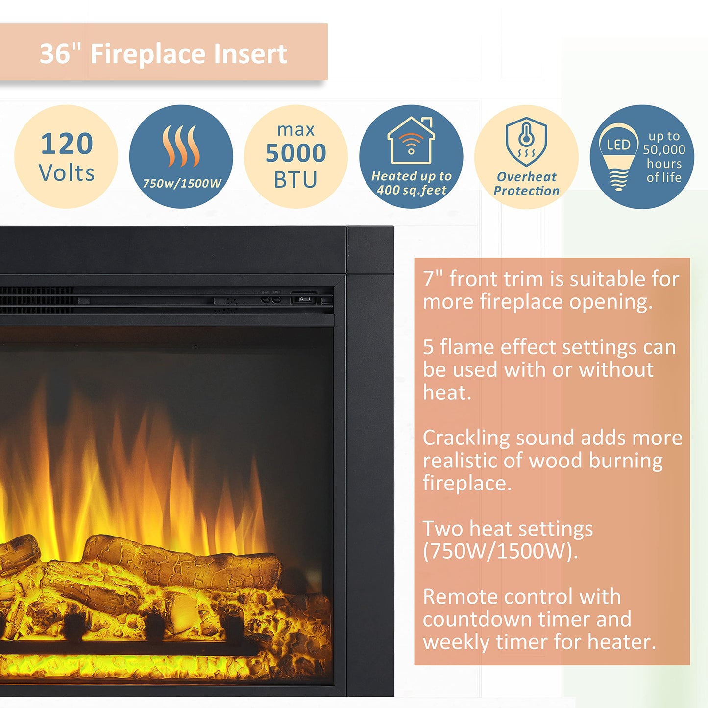 LegendFlame Jaden 36" W x 26" H (EF443) Electric Fireplace Insert with Front Trim Kit, Fire Crackling Sound, 750W/1500W Heater, Remote Control