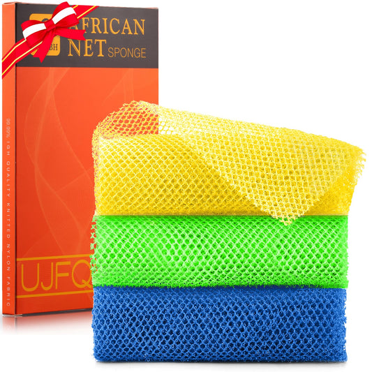 3 Pieces African exfoliating net African Net Long Net Bath Sponge Exfoliating Shower Body Scrubber Back Scrubber Skin Smoother,Great for Daily Use (Yellow, Green, Blue)