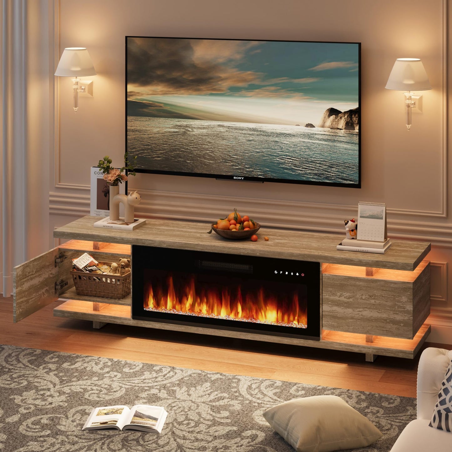 Rresyet Fireplace TV Stand with 36" Electric Fireplace, LED Light Entertainment Center, TV Cabinet for TVs Up to 80", Modern Marble Textured Storage Cabinet, TV Console for Living Room (Travertine)