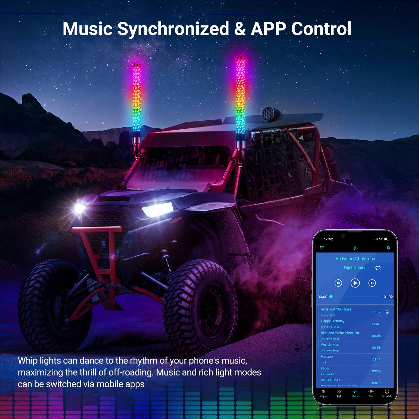 Ehaho 2PCS 2FT Fat Whip Lights for UTV ATV with Spring Base, Led Fatty Whip Light W/Rocker Switch & 6 Flags, Brighter Spiral Chasing Lighted Antenna Whip with APP & Remote Control for RZR SXS Can-Am