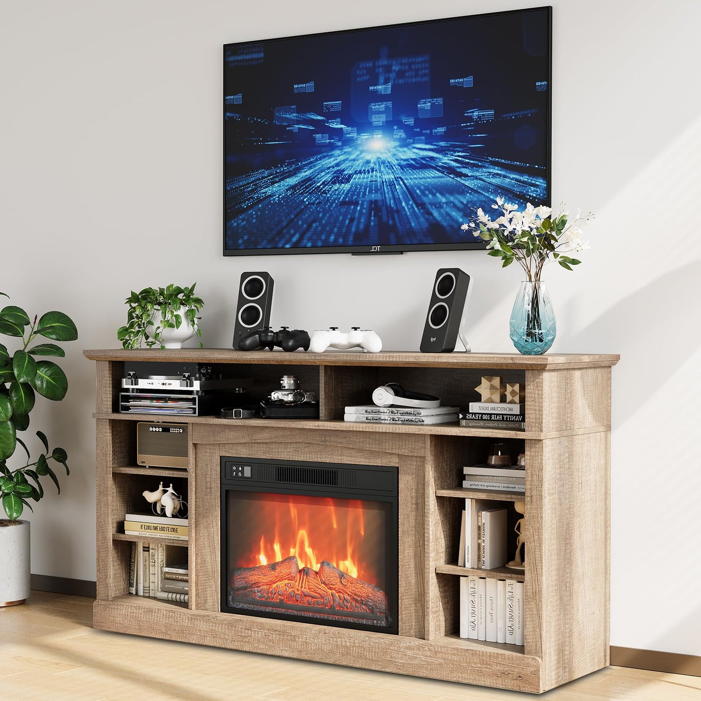 MilleLoom 58" Fireplace TV Stand, Fireplace Entertainment Center for TVs up to 65'' Console with 23-Inch Electric Fireplace & Remote Control, Wooden TV Cabinet for Living Room