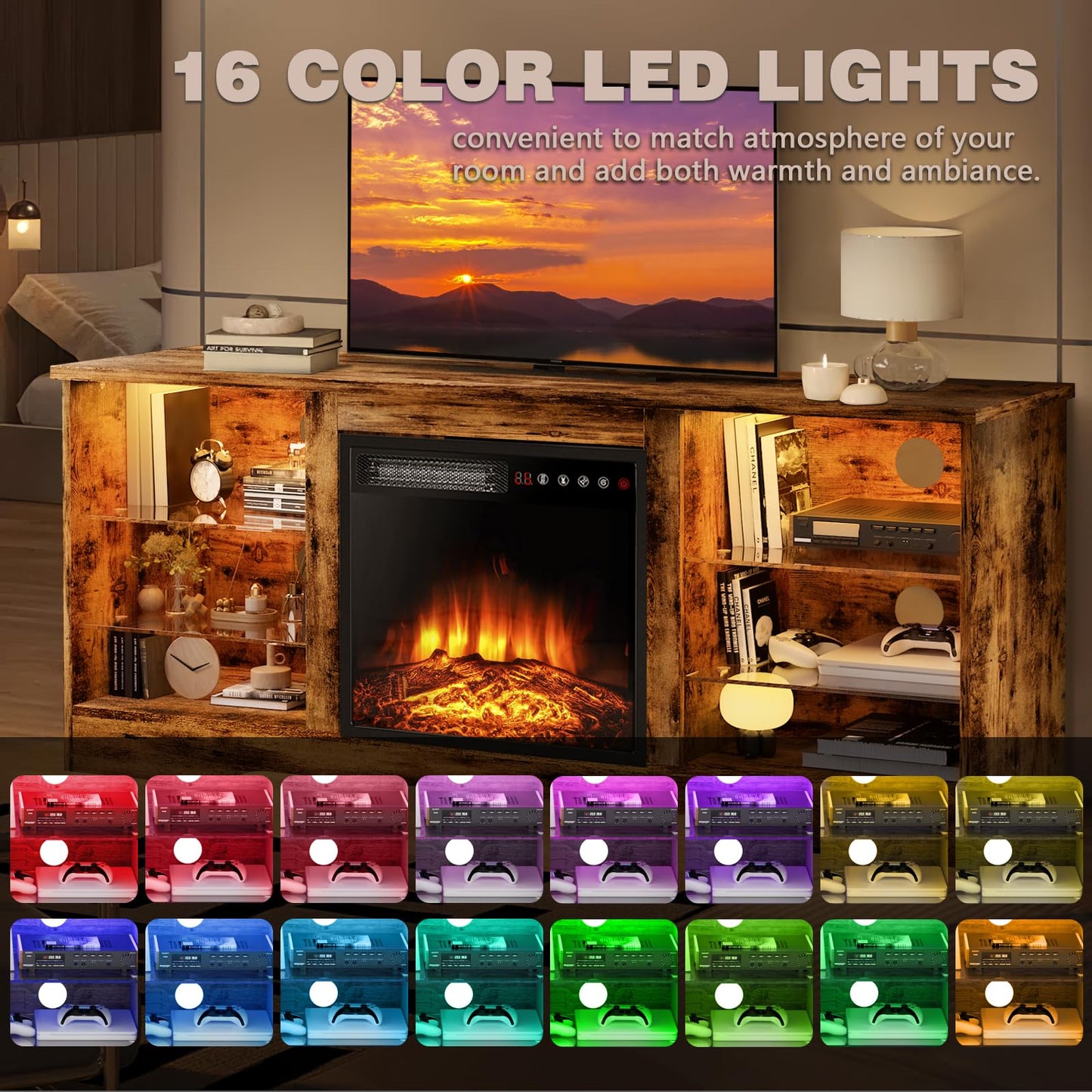 LEMBERI 58 Inches Fireplace TV Stand for TVs up to 65 Inches Console with 18'' Electric Fireplace & Remote, Wooden Modern Entertainment Center for Living Room with LED Light Glass Shelves (Brown)