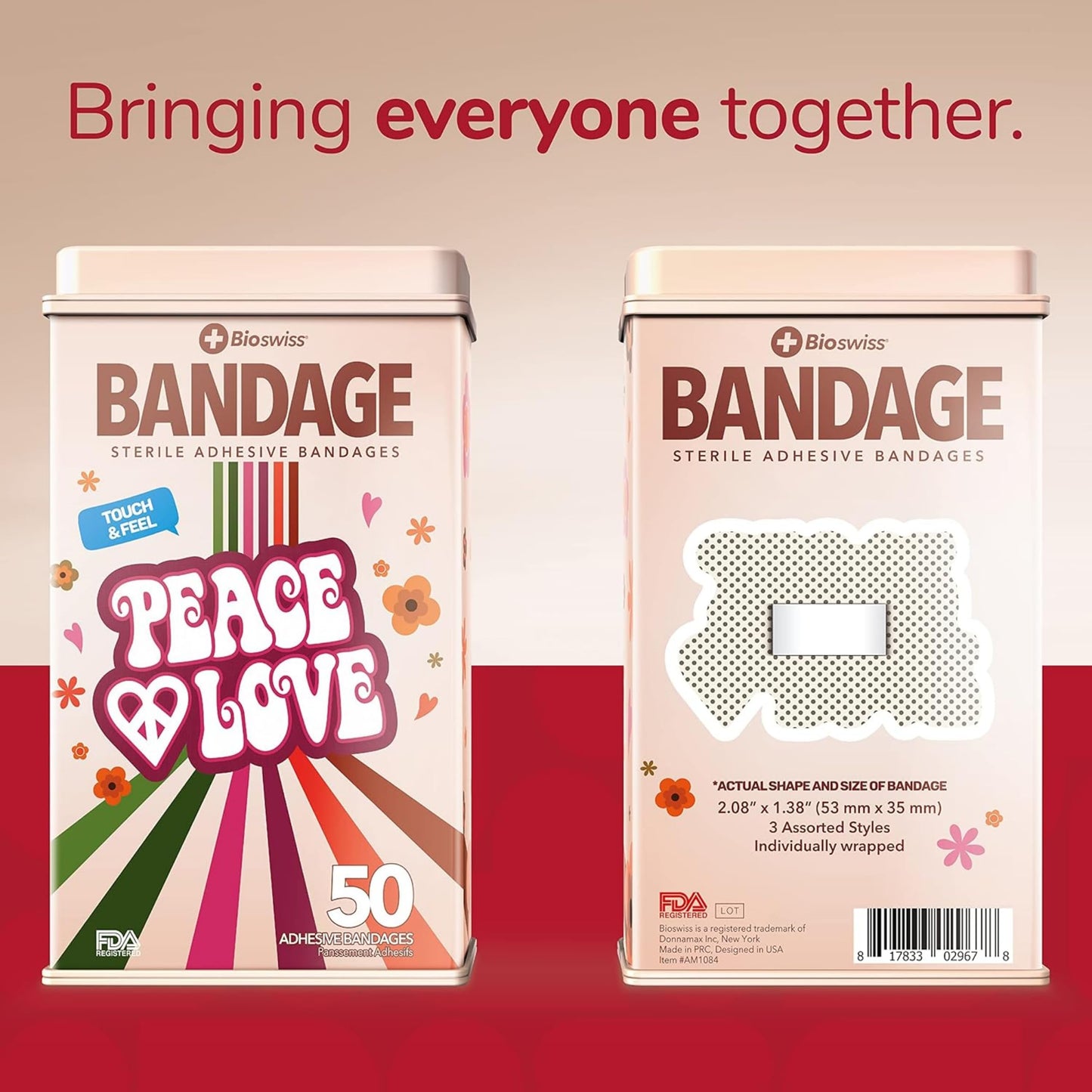 BioSwiss Bandages, Peace and Love Shaped Self Adhesive Bandage, Latex Free Sterile Wound Care, Fun First Aid Kit Supplies for Kids, 50 Count