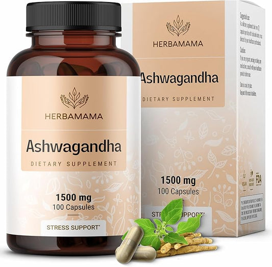 HERBAMAMA Ashwagandha Capsules - 1500mg Pure Ashwagandha Root Focus Supplement - Vegan, Non-GMO Mood & Calm Support Supplement for Adults, 100 Caps