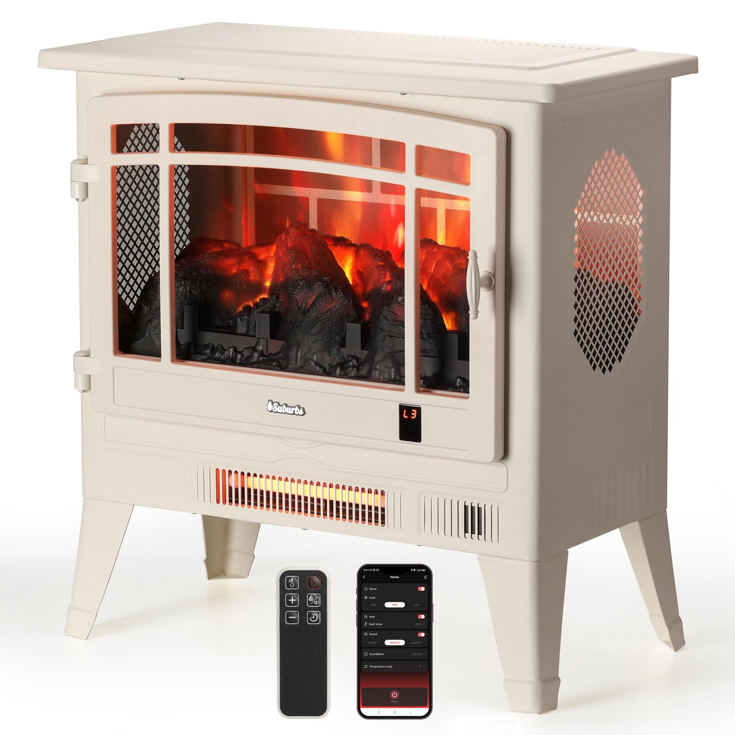 TURBRO Suburbs 25" WiFi Electric Fireplace Infrared Heater with Crackling Sound, Freestanding Fireplace Stove with Adjustable Flame Effects, Overheating Protection, Timer, Remote Control 1400W, Ivory