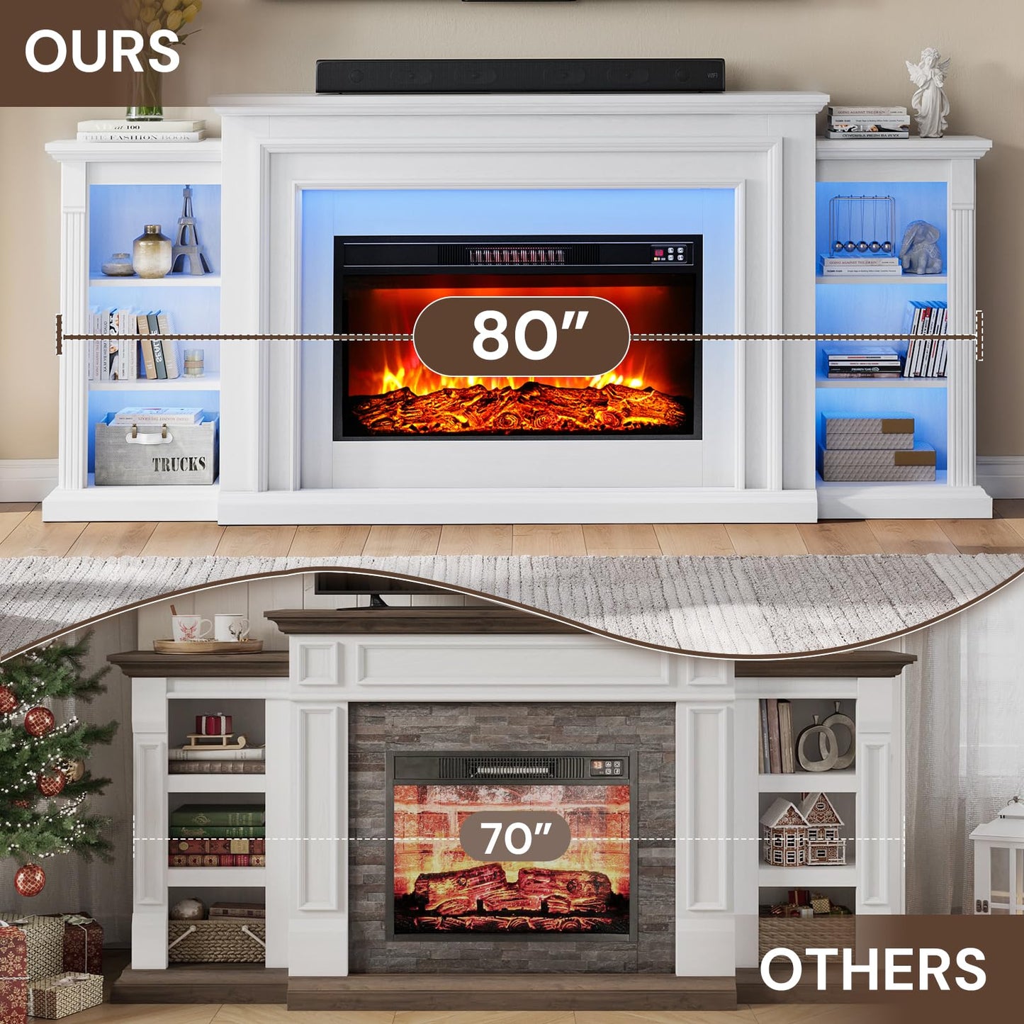 80" LED Electric Fireplace with Mantel, Fireplace TV Stand for 90 Inch TV, Modern Entertainment Center with Storage, Delicate Three-Dimensional Molding with Remote Control for Living Room