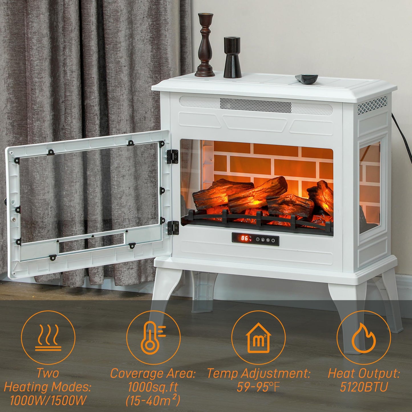 HOMCOM Electric Fireplace Stove, 24" Freestanding Electric Fireplace Infrared Heater with Remote, Adjustable 3D Flame Effect, Thermostat, Overheat Protection, 1000W/1500W, White