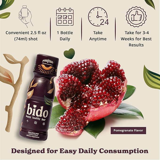 Bido | Women's Wellness Drink | Herbal Formula for Women: Ashwagandha KSM-66, Maca, Ginseng, Damiana & More | 15:1 Female Supplement for Mood, Vitality & Hormone Balance Support | Pomegranate, 15-pack