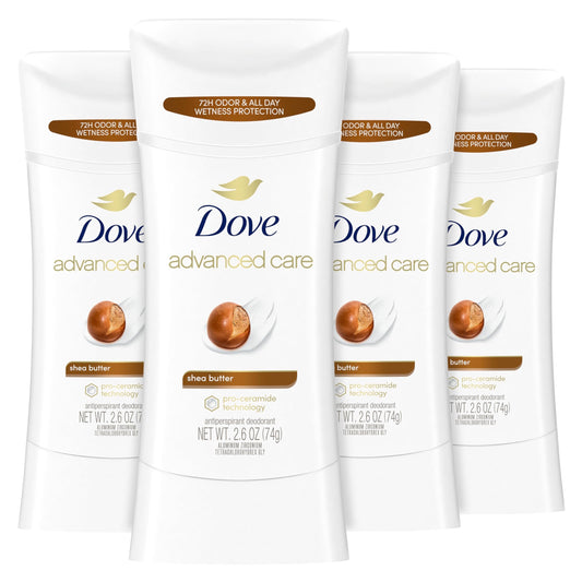 Dove Advanced Care Antiperspirant Deodorant Stick Shea Butter 4 ct with Pro ceramide technology for helping skin barrier repair after shaving 72 hour odor control sweat protection stick 2.6 oz