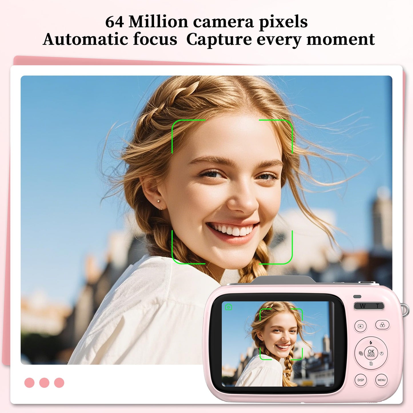 GWAEPU 4K Compact Digital Camera: 64MP Point and Shoot Cameras for Photography 18X Zoom Portable Small Vlogging Camera with 32GB TF Card 2 Batteries & Leather Case for Beginners Teens Students Pink