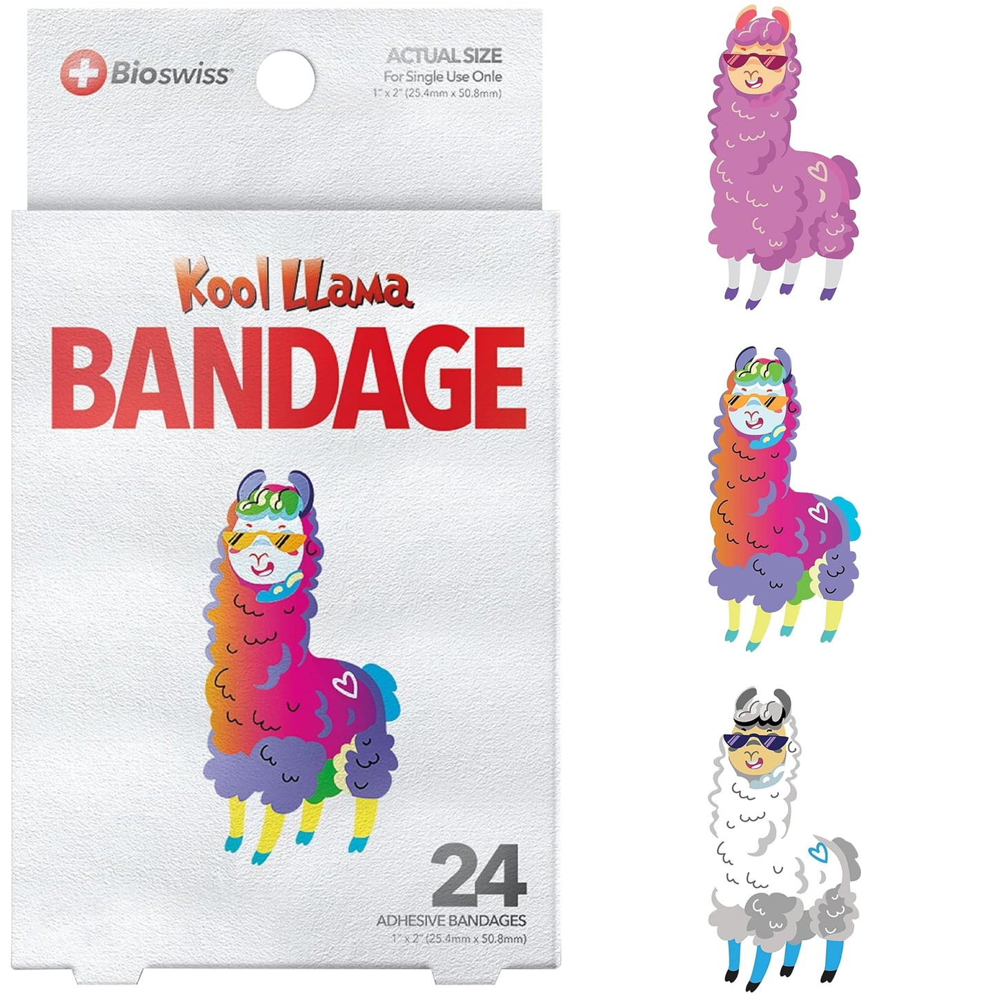 BioSwiss Bandages, Llama Shaped Self Adhesive Bandage, Latex Free Sterile Wound Care, 24 Count