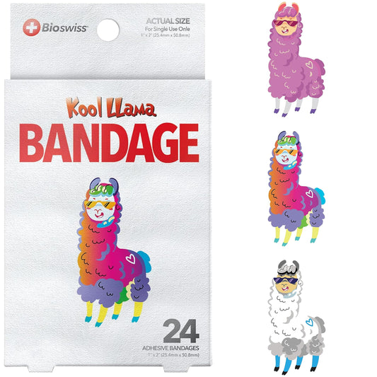 BioSwiss Bandages, Llama Shaped Self Adhesive Bandage, Latex Free Sterile Wound Care, 24 Count