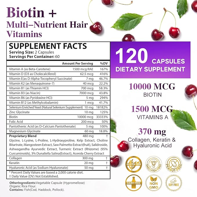 Biotin 10,000MCG Hair Growth Support for Women & Men with Collagen & Keratin – Hair, Skin & Nails Vitamins with Multivitamins & Minerals – 120 Capsules (2-Month Supply)