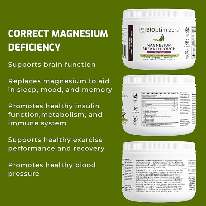 BIOptimizers Magnesium Breakthrough Drink Fruit Punch - 8 Forms of Magnesium: Glycinate, Malate, Citrate, and More - Natural Sleep and Brain Supplement – 5.4 oz (30 Servings)