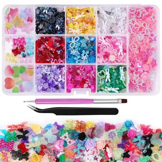 Kikonoke 3D Nail Charms Set 9 Colors Flower Butterfly Bow Rabbit Nail Gems Big Bear and Heart Nail Jewels Pearls for Nail Art, Craft and Decoration with Tweezer and Brush