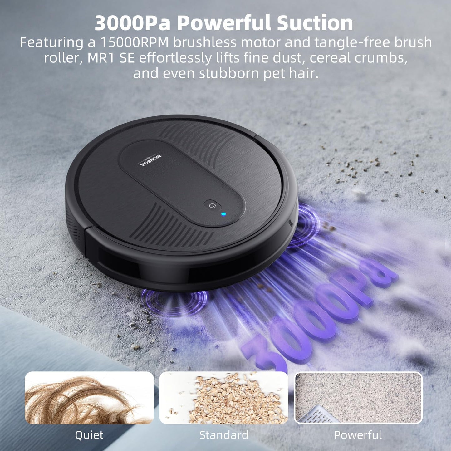 MONSGA Robot Vacuum Cleaner, 3000Pa Powerful Suction Robotic Vacuum, 3.2" Super-Slim, 140Min Runtime, Vacuum Robot for Hard Floor/Low Pile Carpet/Pet Hair, Remote/App/Voice Control, Schedule Clean
