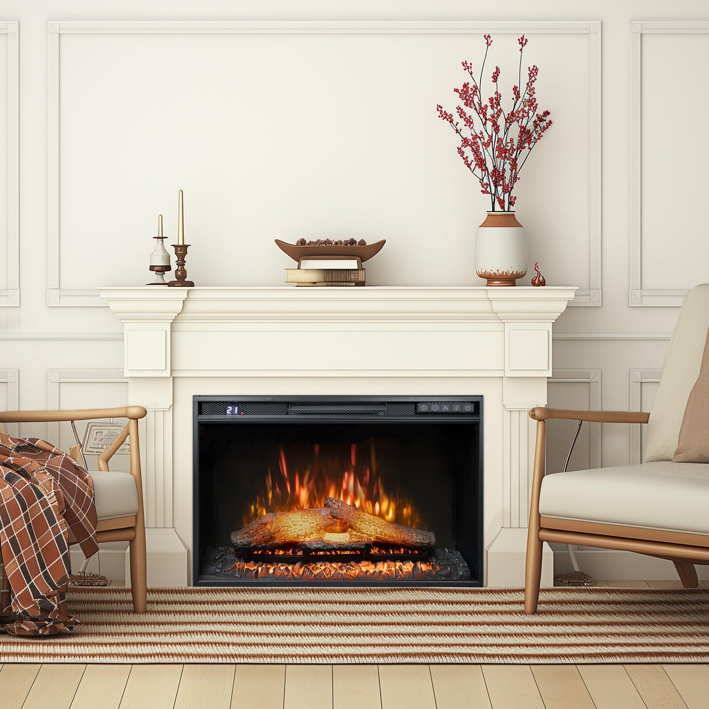 Rodalflame 26" Wide Electric Fireplace Insert, 6 Brightness Level, 5 Flame Speed, 62-82℉, Timer & Remote Control, Indoor Fireplace