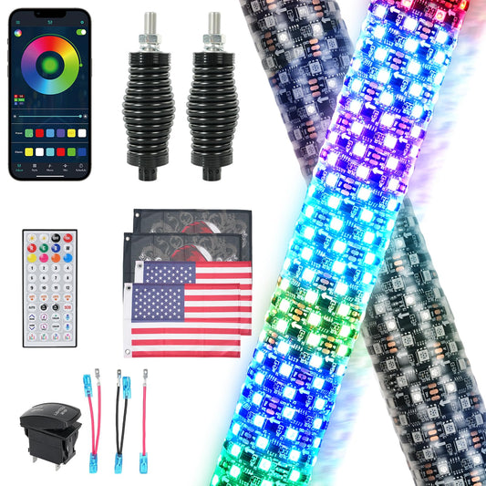 STARKMAN (2 Pack) 3FT Fat Whip Lights, Music LED Whip Lights with App & Remote Control, Spiral RGB Chase Light Up Antenna Whip with Rocker Switch, for SXS ATV UTV RZR Can-am X3 Off-Road