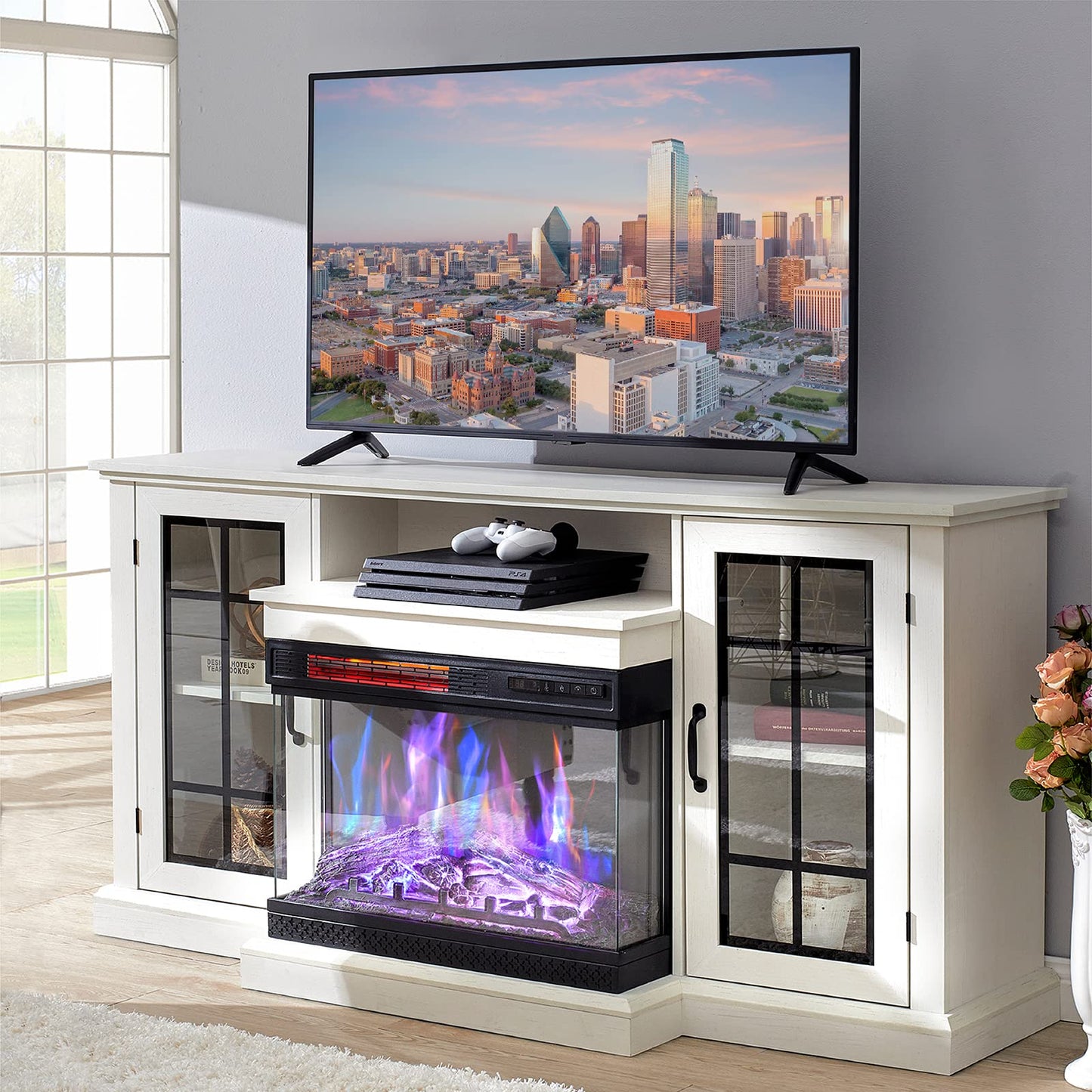 AMERLIFE 3-Sided Glass Fireplace TV Stand for TVs up to 65'' with 12 Color, Media Entertainment Center Console Table with Doors Closed Storage, Distressed White