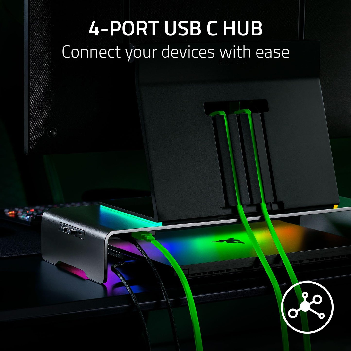 Razer Monitor Stand Chroma: 4 Port Hub - USB A 3.2, USB C 3.2, HDMI 2.0 - Ergonomic Height - Durable Aluminum Supports Up to 44 lbs - Organize Storage Shelf - Remappable RGB Buttons - Chroma RGB