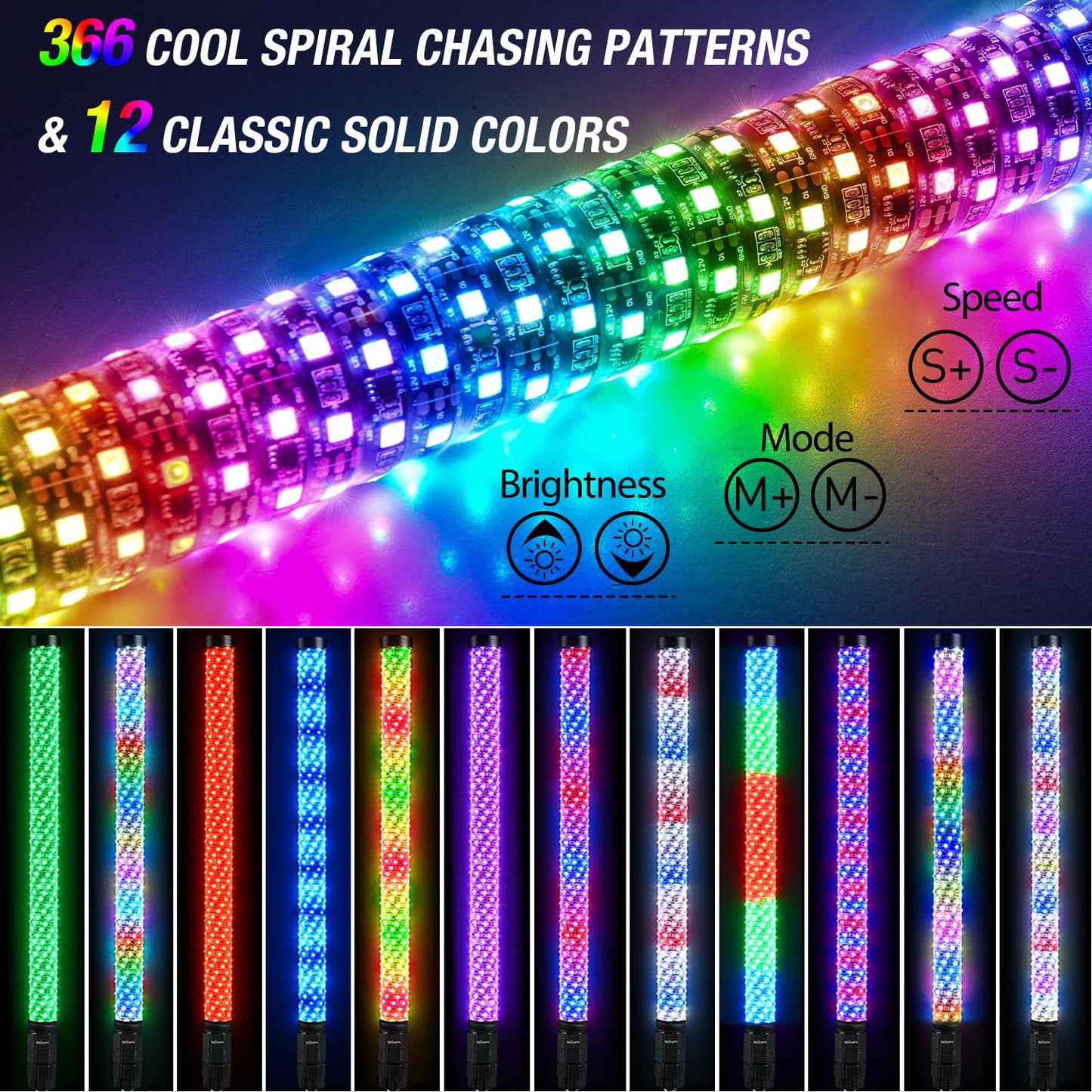 Nilight LED Fat Whip Light 2PCS 3FT RGB Lighted Antenna Whips with Remote & App Control DIY Chasing Patterns Brake Reverse Turn Lights for ATV UTV Polaris RZR Can-am Dune Buggy Pickup Trucks Jeep