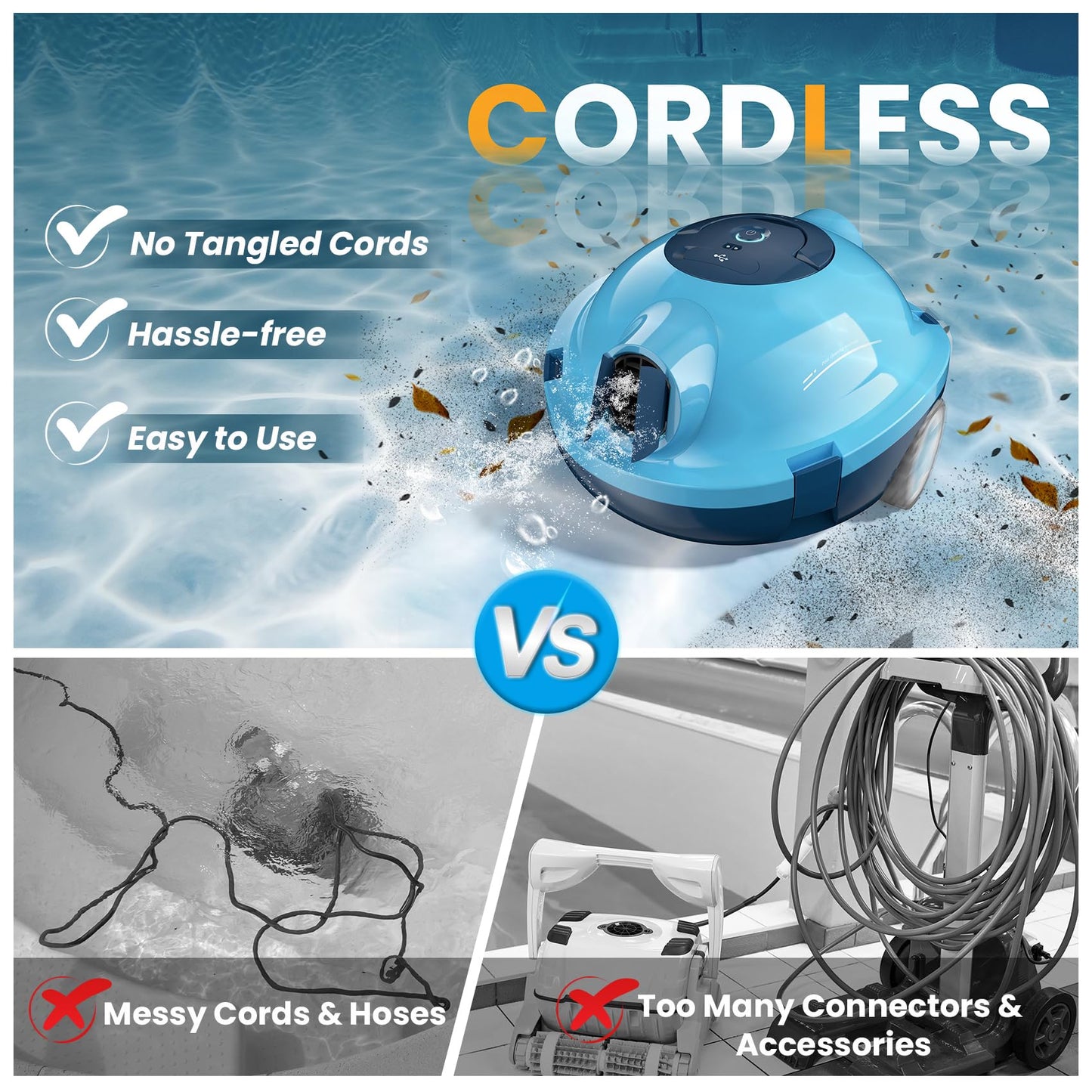 OUCAXIA Y10 Cordless Robotic Pool Cleaner Automatic Vacuum - 90 Mins Runtime, Powerful Suction, Self-Parking, Lightweight for Above/Inground Pools Up to 65ft/1100 Sq.Ft, Lakeblue