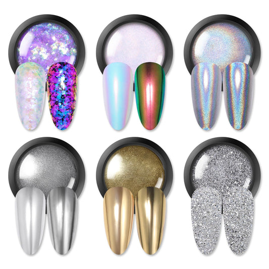 Born Pretty Chrome Powder Holographic Nail Art Powder Auroras Mermaid Pearl Nail Powder Reflective Glitter Manicure Pigment 6 Bo