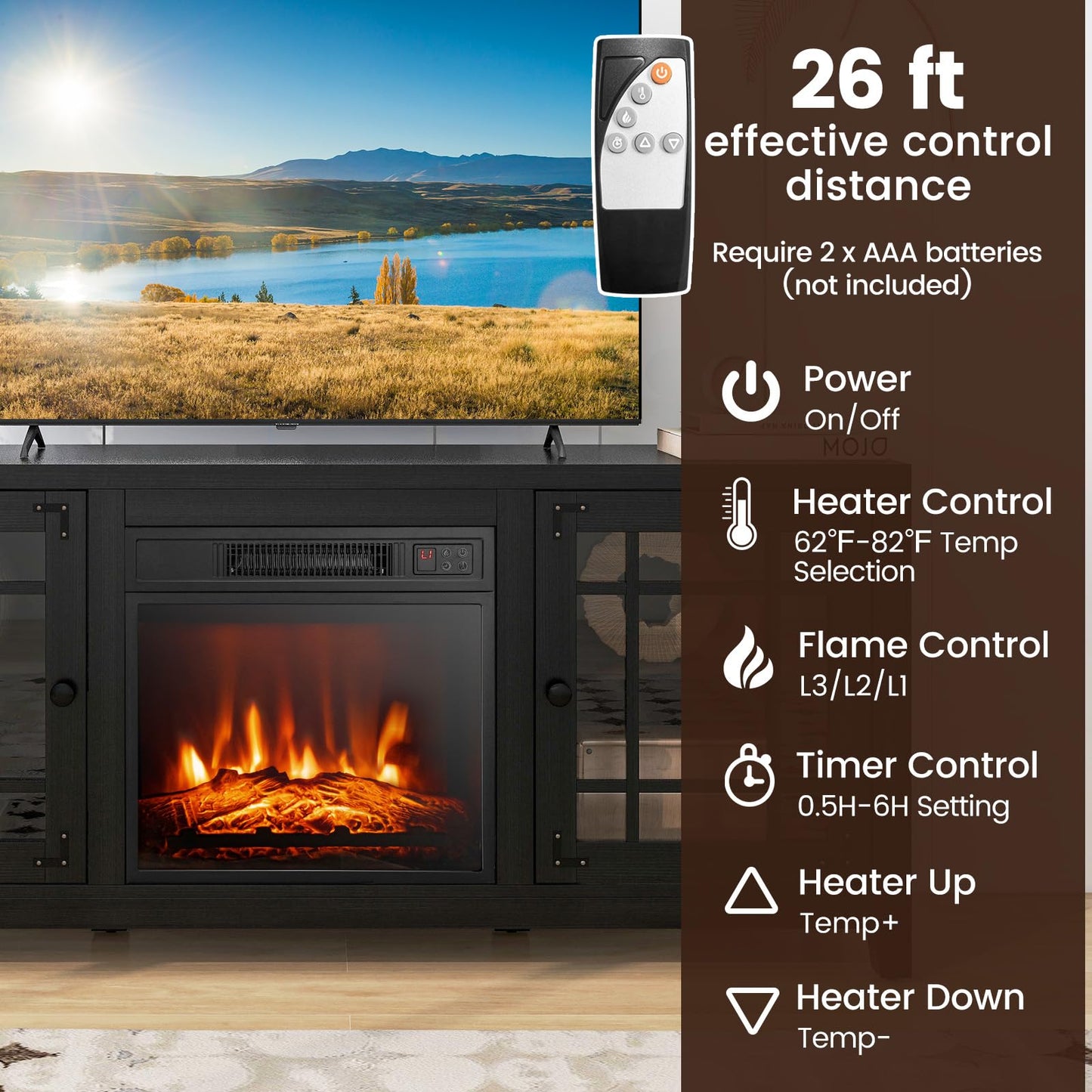 COSTWAY Electric Fireplace TV Stand for TVs up to 65-inch, 18-inch Fireplace Entertainment Center with Remote Control, Thermostat, TV Console with Adjustable Shelves for Living Room Bedroom, Black