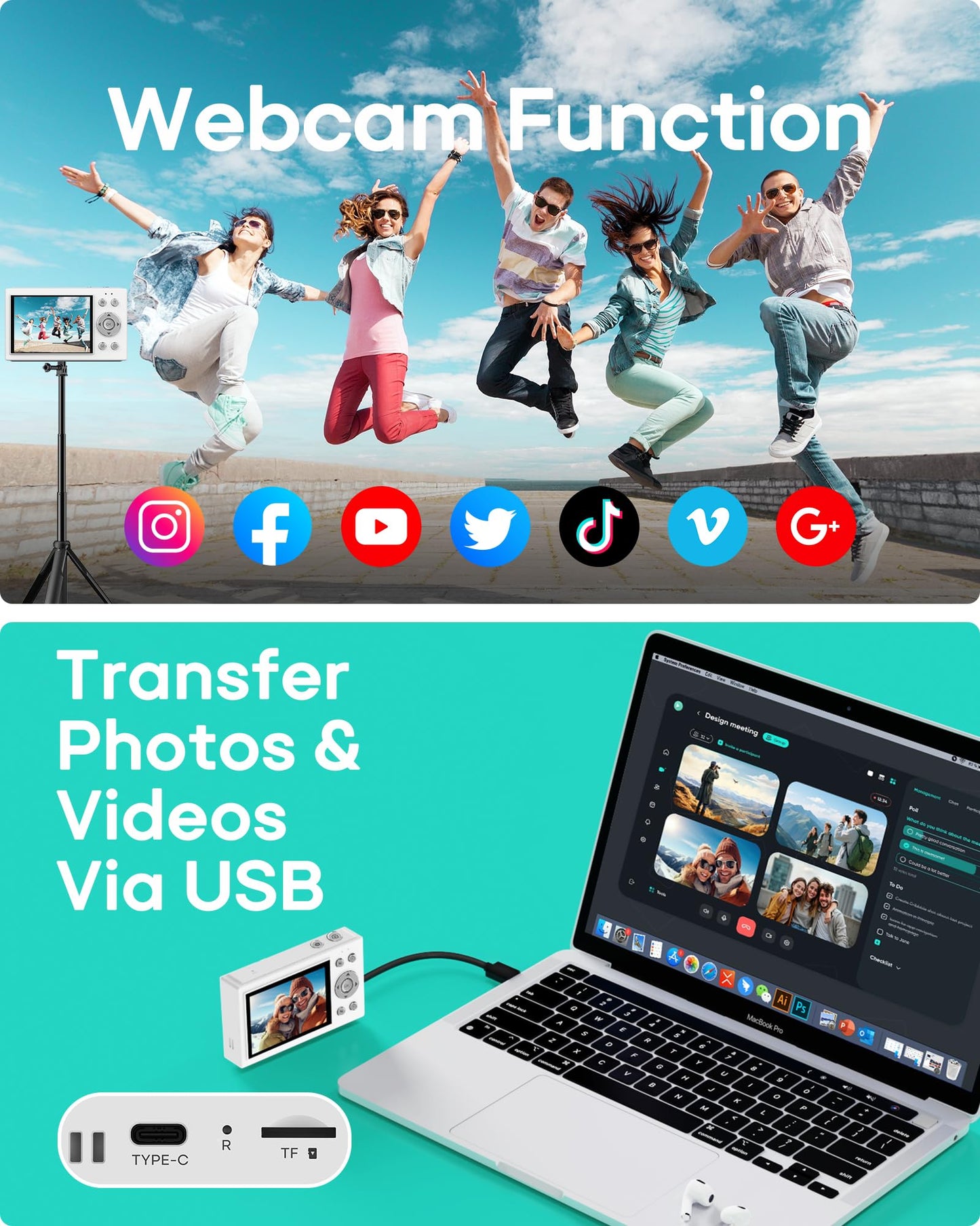 Digital Camera, 4K Vlogging Camera with Autofocus, 64MP, 16X Zoom, 64GB Card Included, Built-in Battery, Compact Digital Camera for Teens Adult Beginners, Ideal for Travel & YouTube - White