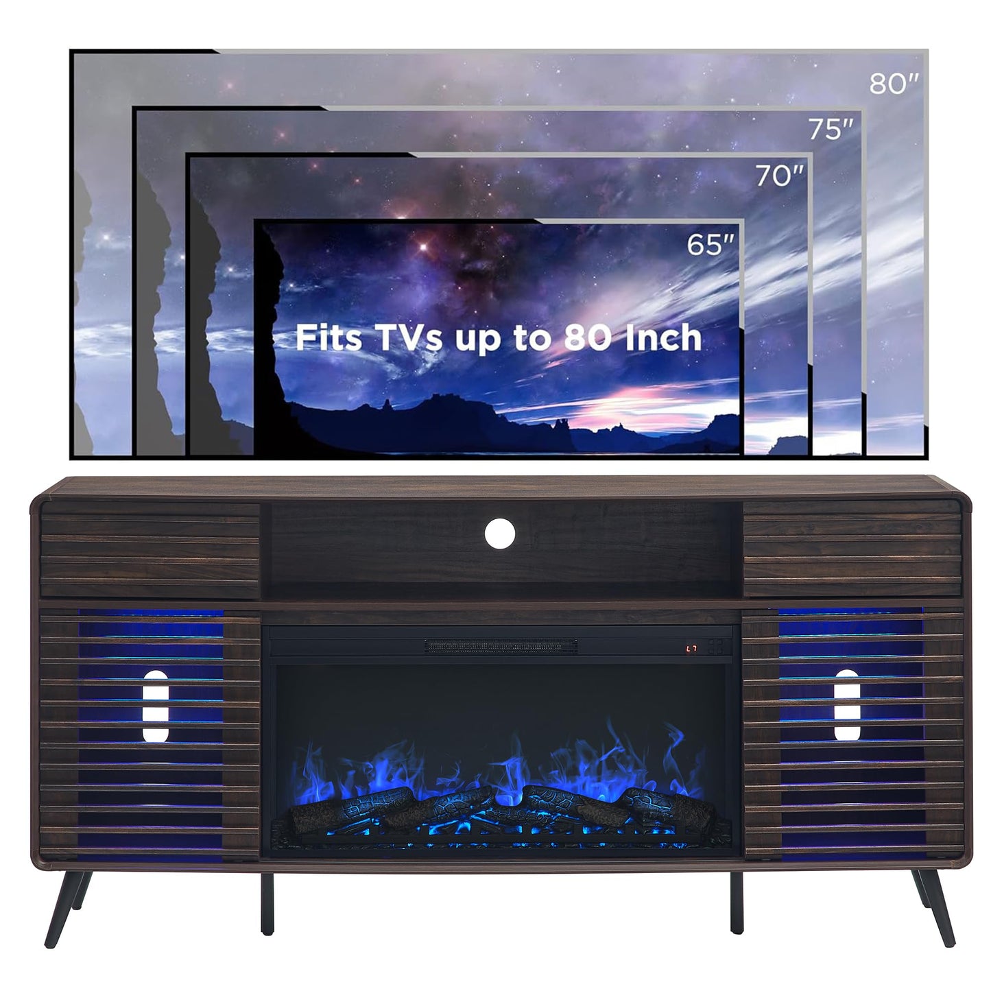 RedLemon Fireplace TV Stand for 80 Inch TV, Mid Century Modern Entertainment Center with 36" Electric Fireplace & Led Lights, Wood Media Console w/Slatted Sliding Doors for Living Room, Dark Walnut