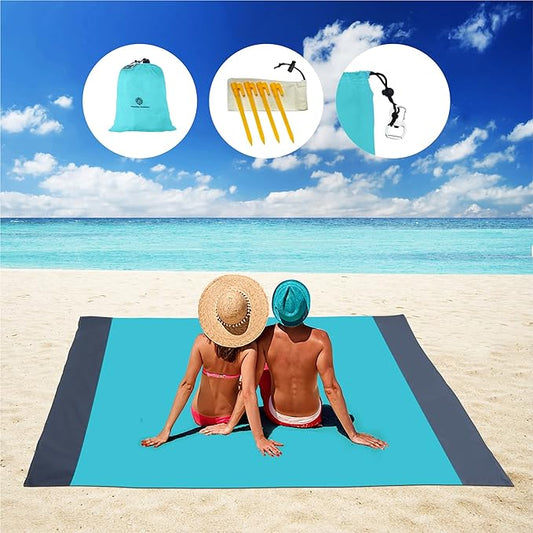 Lightweight Beach Blanket - Oversized 107" x 77" - Waterproof Sandproof - Double Anchored for Fun Leisure Beach Blanket - with Stake and Pouch - Durable Sand Beach Mat