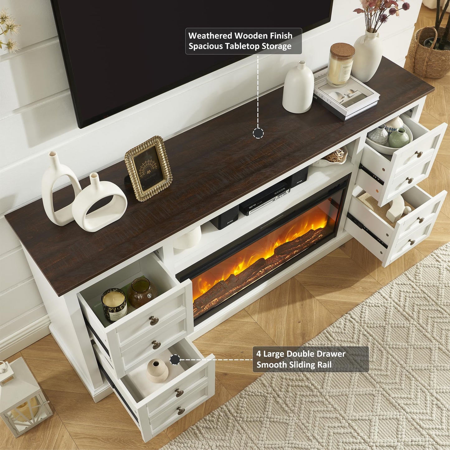 Unineo 70'' Fireplace TV Stand for up to 80'' Tvs with Drawer, Large Storage Tv Console Cabinet w/ 36'' Electric Fireplace, Media Entertainment Center for Living Room/Bedroom, White