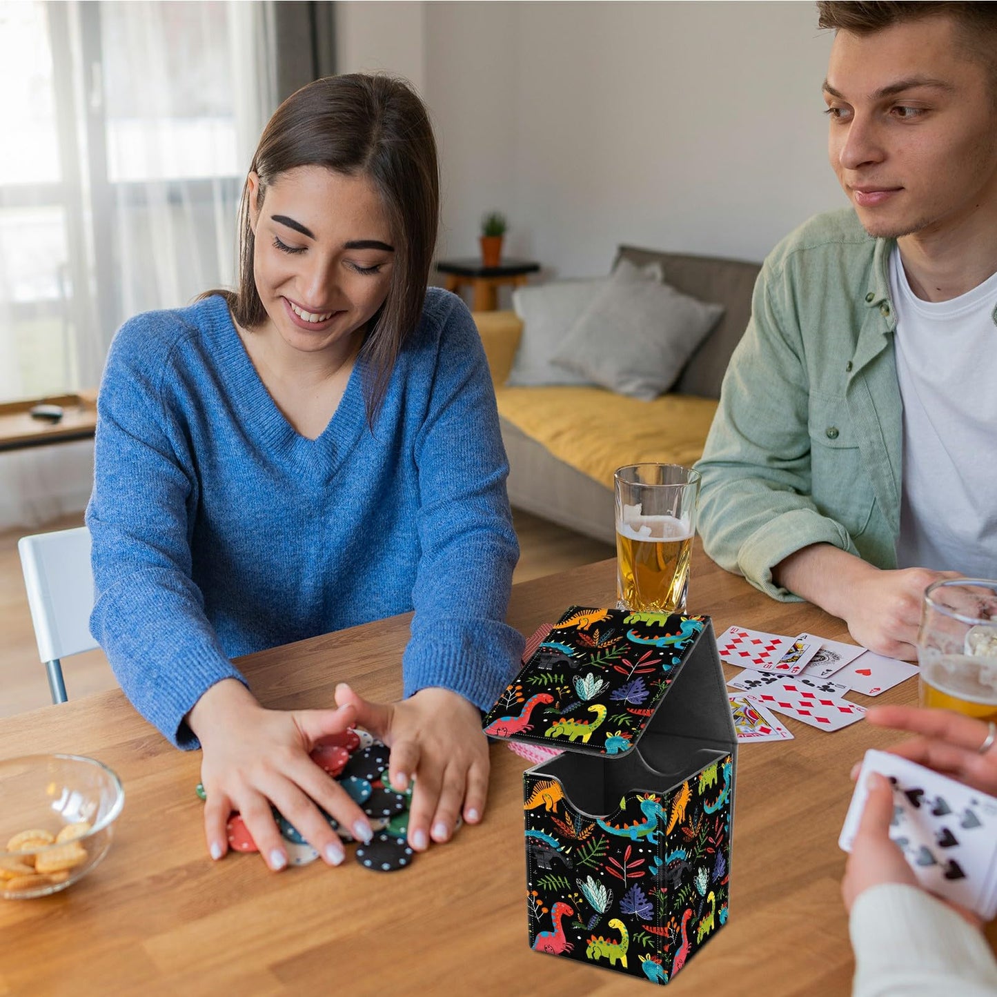 BREIDMKFM Card Deck Box for Trading Cards, MTG Commander Deck Box Fits 100+ Single Sleeved Cards, Leather Magnetic Card Storage Box for YuGiOh TCG CCG Cards, Dinosaur Leaves