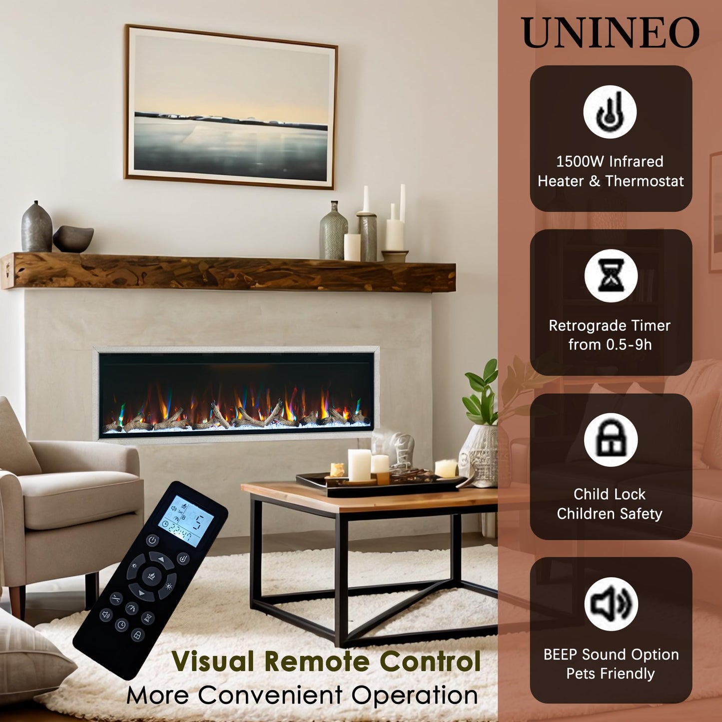 Unineo 50 Inch Electric Fireplace w/Aluminum Frame, Hidden Air Vents Design, Recessed and Wall Mounted Fireplace Heater w/Thermostat, 12×13×5 Realistic Flame, Visual Remote, Log and Crystal, Siliver