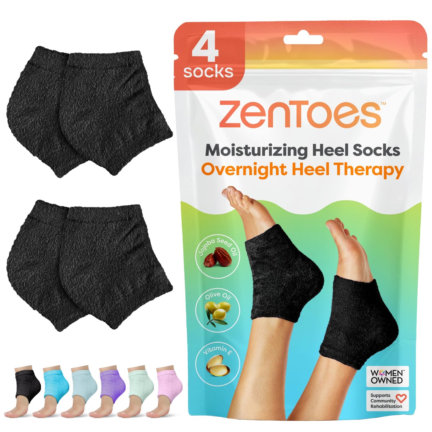 ZenToes Moisturizing Socks for Cracked Heel Treatment - Vitamin E, Olive Oil and Jojoba Oil Infused Heel Socks to Soften and Hydrate (Fuzzy Black, Regular)