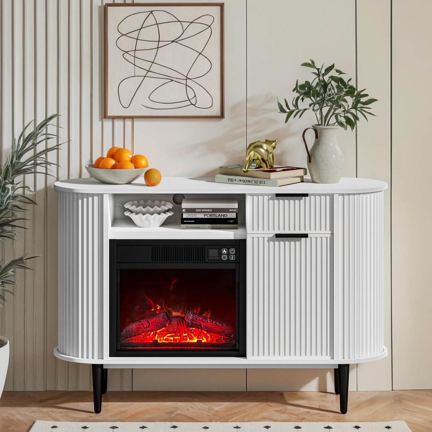 OLD CAPTAIN Electric Fireplace, 50" Electric Fireplace TV Stand, Fireplace Console with Curved Profile Design, Modern Entertainment Center with Storage, Media Console with Fireplace, White