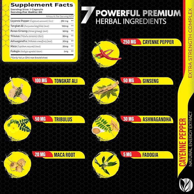 2 Packs 60 Caps of Cayenne Pepper Supplements Extract Capsules with Tongkat Ali, Ginseng, Tribulus, Ashwagandha, Maca, Fadogia - 4 Month Supply