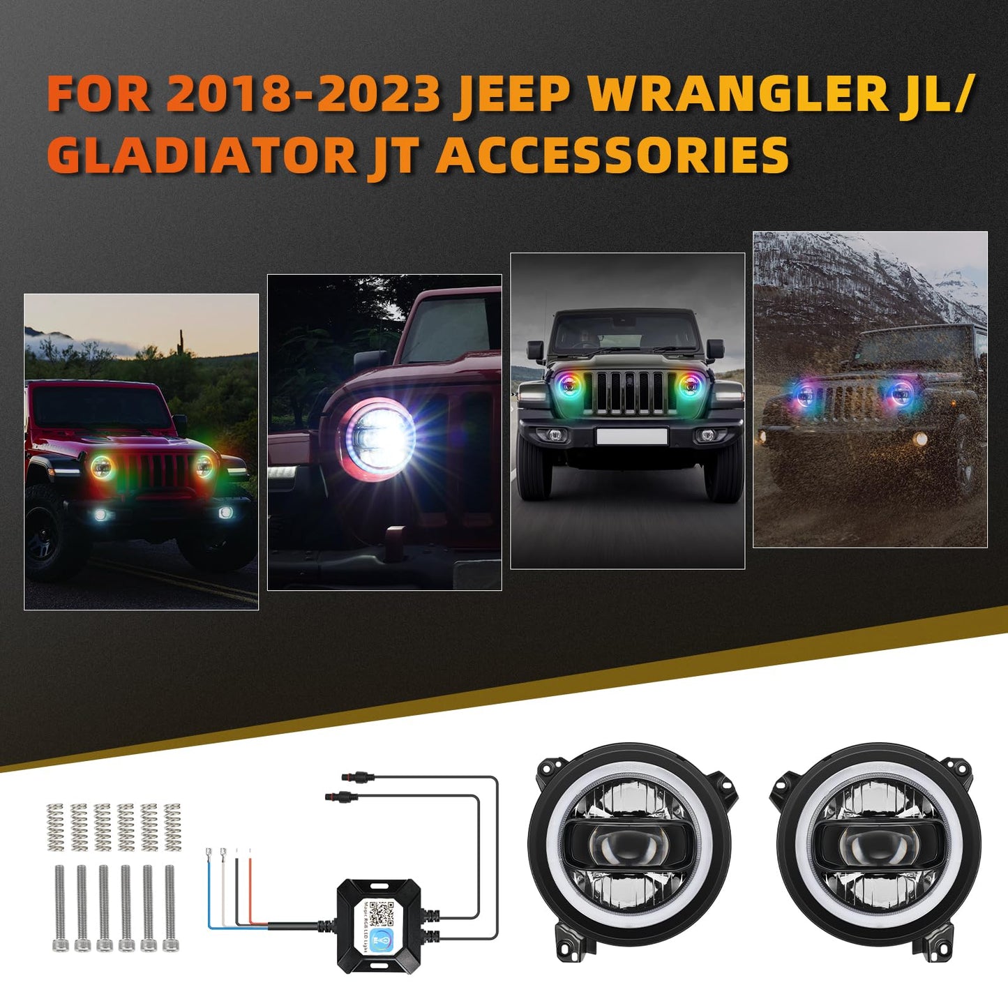 CAFOPAR 9 Inch RGB LED Headlights, DOT RGB Halo Headlight fit for 2018-2025 Wrangler JL Gladiator JT Sahara Rubicon Headlight Replacemant