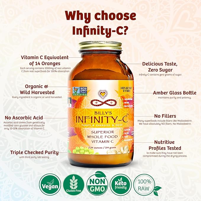 Infinity-C Organic Vitamin C Powder, Bioavailable VIT C from Acerola, Camu Camu & Amla, Whole Food Vitamin C 1000mg, Immune Support Superfoods, Shilajit, Astragalus Root & Ginger (30 Servings)