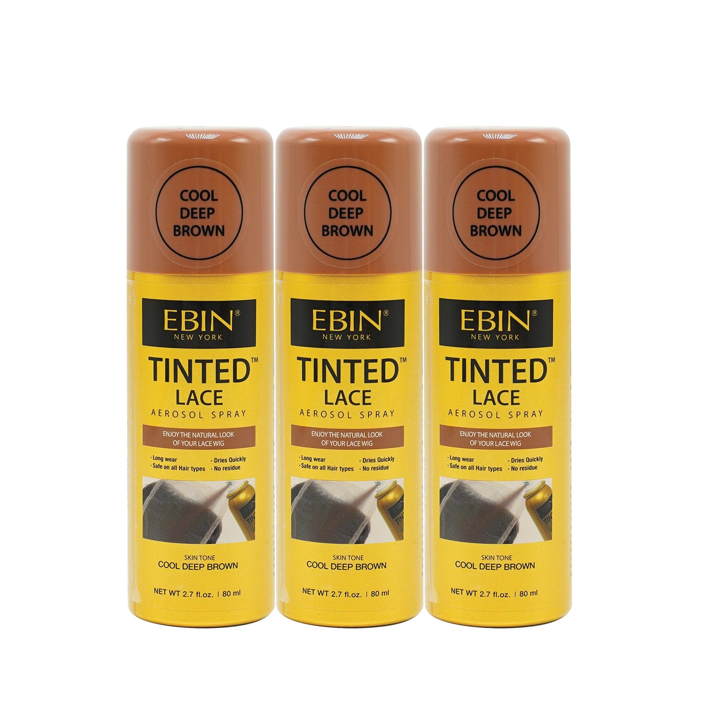 EBIN NEW YORK Tinted Lace Aerosol Spray 3pack – Cool Deep Brown 2.7 Oz/ 80 mL | Quick Dry, No Residue, Even Application, Matching Skin Tone, Natural Look
