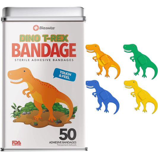 BioSwiss Bandages, Dinosaur Shaped Self Adhesive Bandage, Latex Free Sterile Wound Care, 50 Count