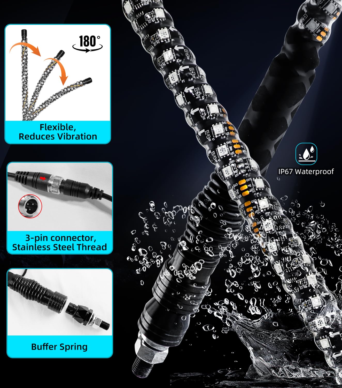 ZIMABLUE 2PC 4FT Whip Lights for Side by Side, App & Remote Control RGB Chasing Lighted Whips with 3 Switchs for ATV UTV Dune Buggy Truck,LED Whips Compatible with Polaris RZR Can-Am Maverick X3