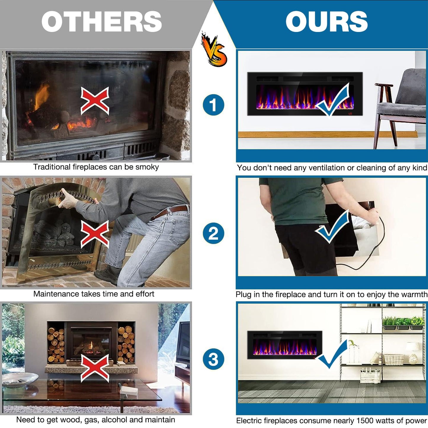 43 Inch Electric Fireplace Recessed and Wall Mounted, Fireplace Heater and Linear Fireplace, Ultra-Thin Electric Fireplace, Low Noise, with Timer, Remote Control, Adjustable 12 Flame Color, 750/1500W