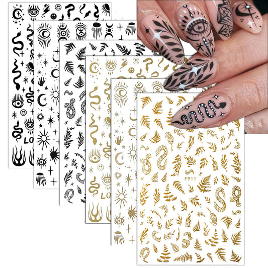 6 Sheet Gold Nail Stickers Black Snake Eyes Leaf Nail Art Stickers 3D Self-Adhesive Bronzing Sun Star Decals Starlight Nail Design Stickers for Acrylic Nail Supplies Women Nail Decorations