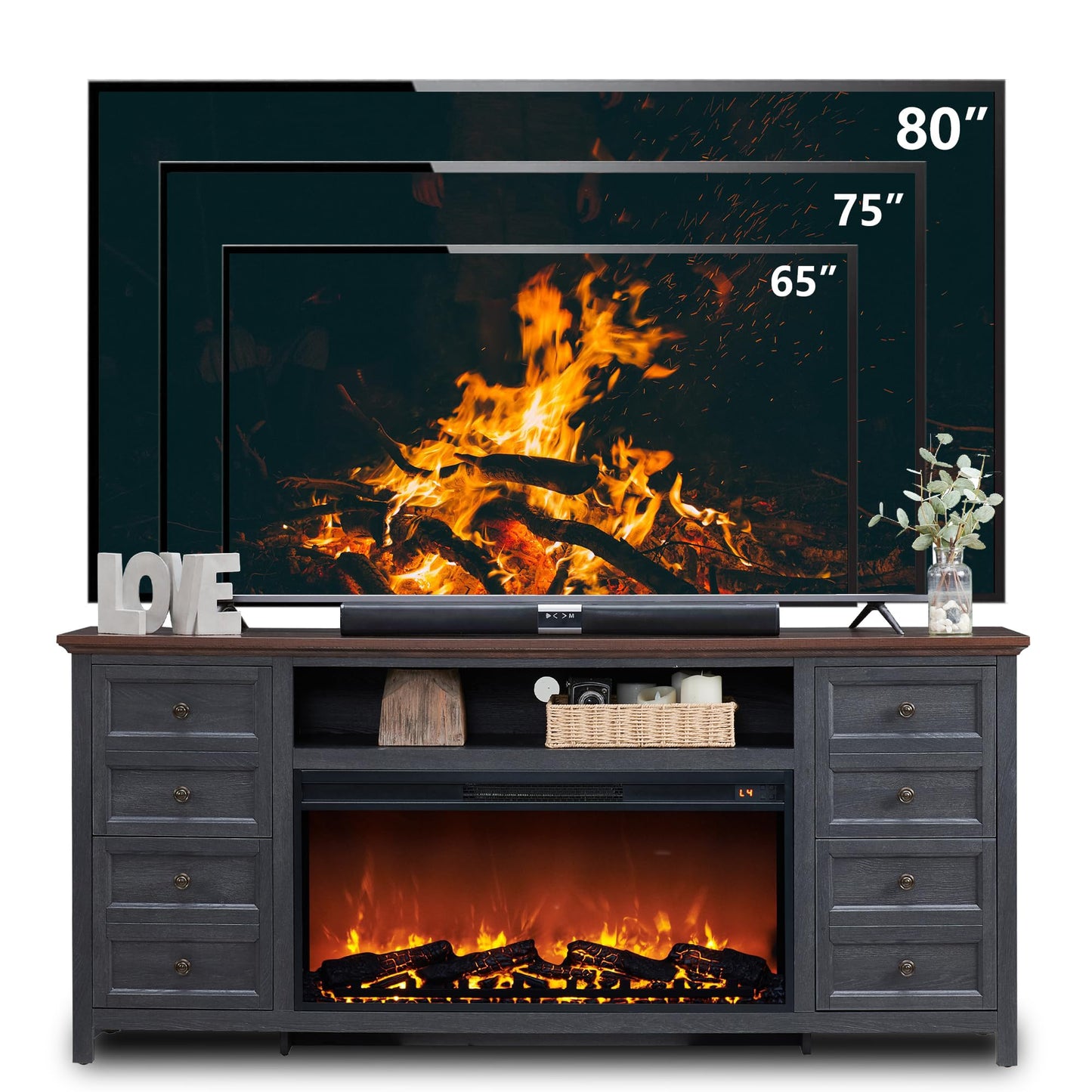 Fireplace TV Stand for TVs up to 80 Inches with 36" Electric Fireplace, 31" Farmhouse Tall Entertainment Center w/Drawer & Adjustable Shelves, Large Media Console for Living Room, 70inch, Dark Grey