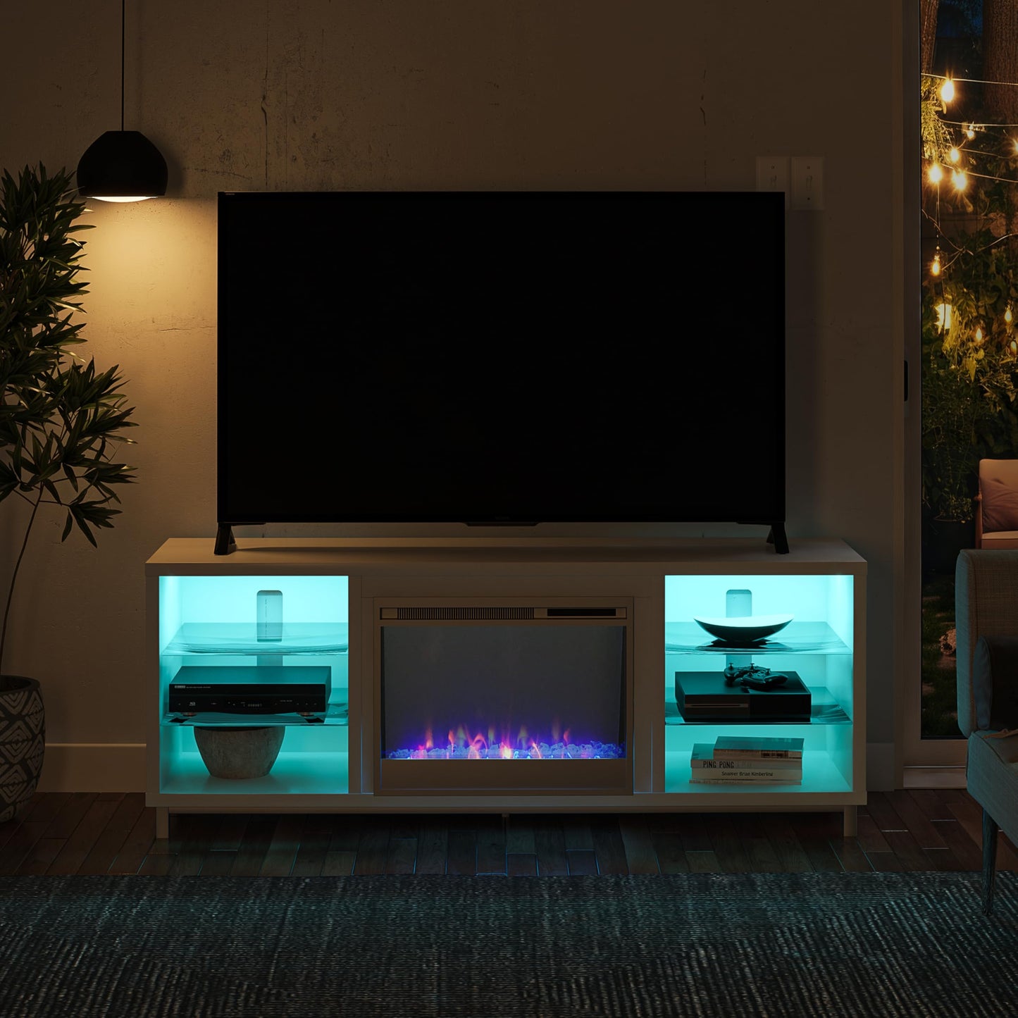 Ameriwood Home Lumina Fireplace TV Stand for TVs up to 70 Inch, Replaceable Electric Fireplace Insert Heater, Remote Control, Timer, Color Changing LED Lights, Crystal Ember Flames, White