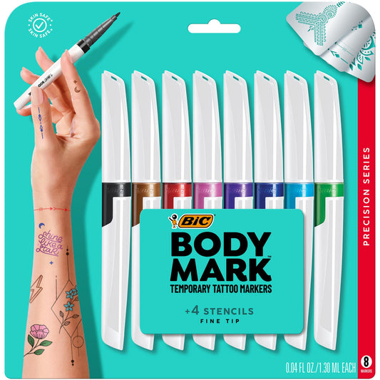 BodyMark Temporary Tattoo Markers for Skin, 8-Count Precision Series, Fine Tip, Assorted Colors, Skin-Safe & Cosmetic Quality, Cruelty-Free, Long Lasting, Stencils Included
