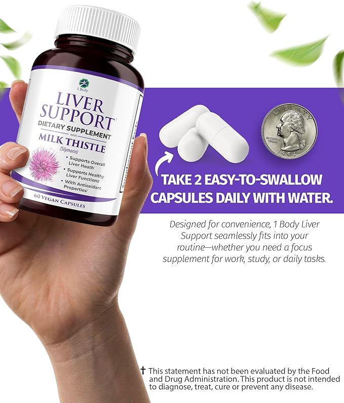 1 Body Liver Support Supplement with Milk Thistle, Turmeric, Dandelion, Artichoke, B12, 60 Vegan Silymarin Capsules