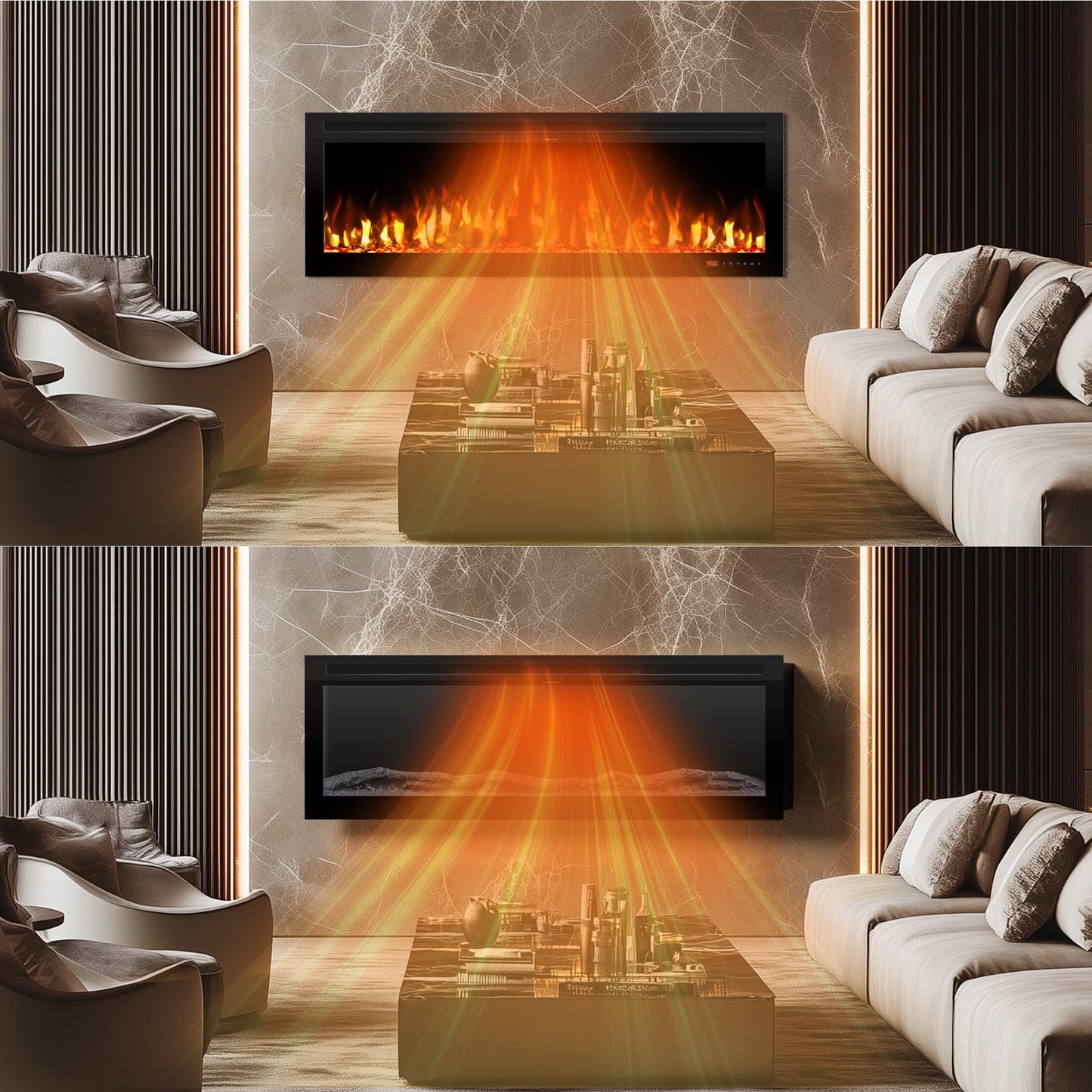 Kentsky 48" Electric Fireplace, Wall Mounted & Insert Electric Fireplace, W/Mixed Color Flame, Adjustable Brightness & Speed, 0-8H Timer, Thermostat, 750w/1500w, Balck